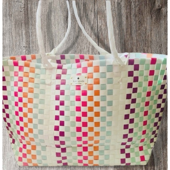 kate spade new york Handbags - Kate Spade Rainbow Checkered Woven Large Tote Beach Carryall NWOT